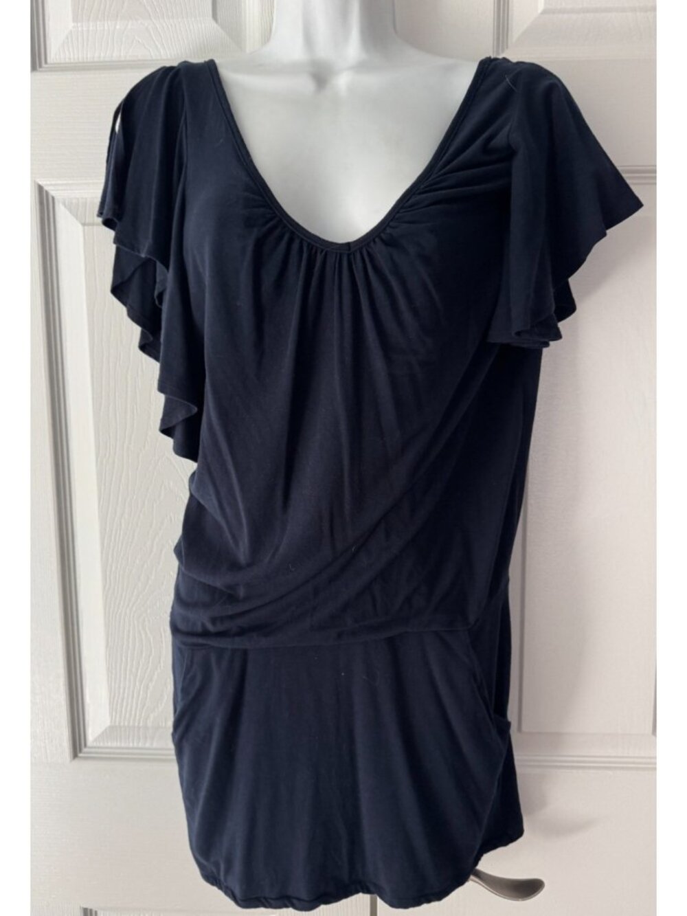 Susana Monaco Blue Flutter Sleeves Ruched Mini Bodycon Dress Sundress, Small